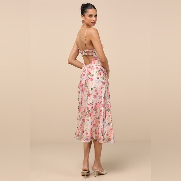 Lulus Alaia Blush Multi Floral Satin Backless Midi Dress Pink Size Medium NWT - Picture 4 of 14